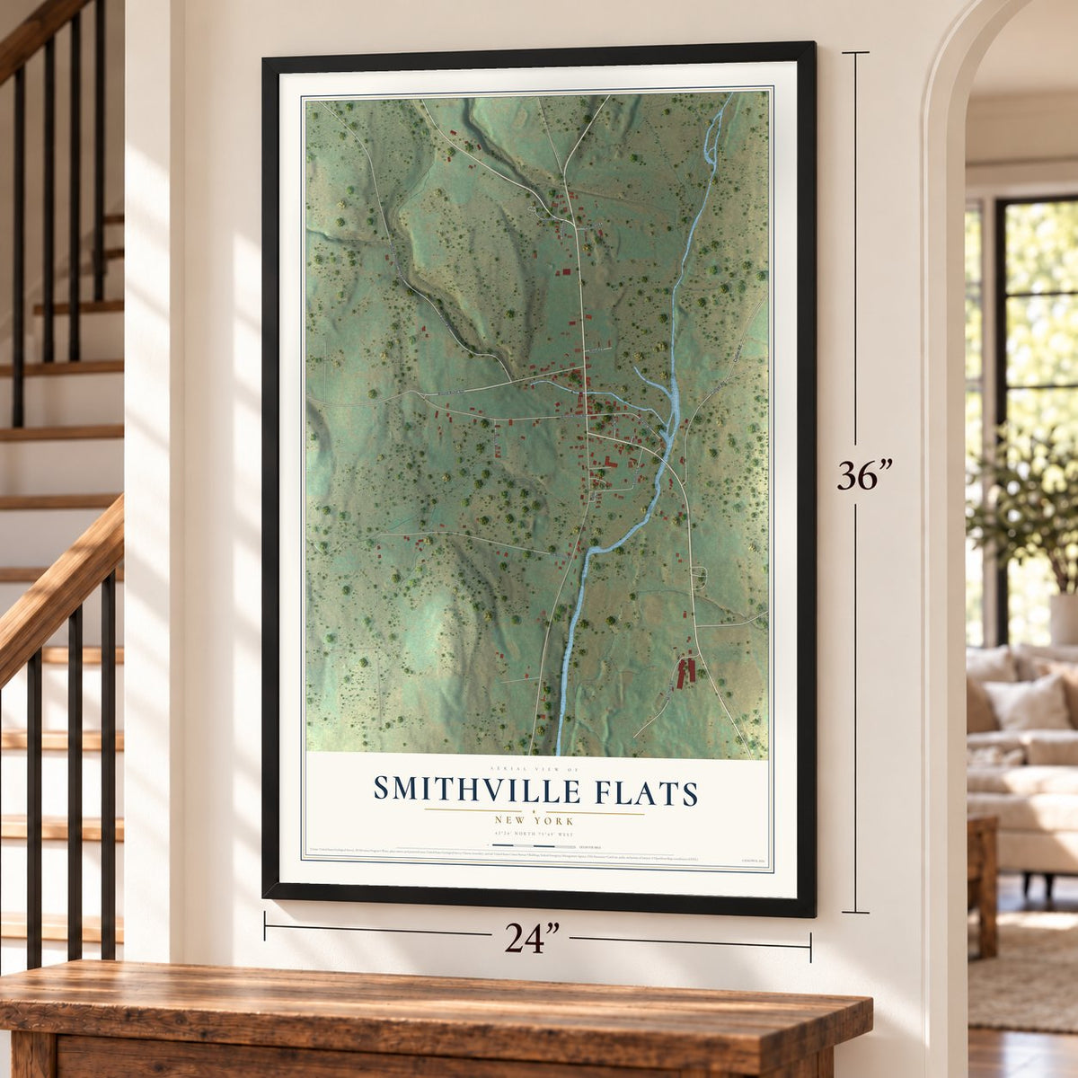 Smithville Flats, New York map, 24 x 36 inch print in a black frame by a staircase