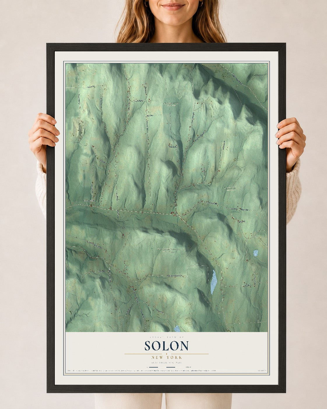 Solon, New York map print, 24" x 36" W/ Black Ayous Wood Frame mockup