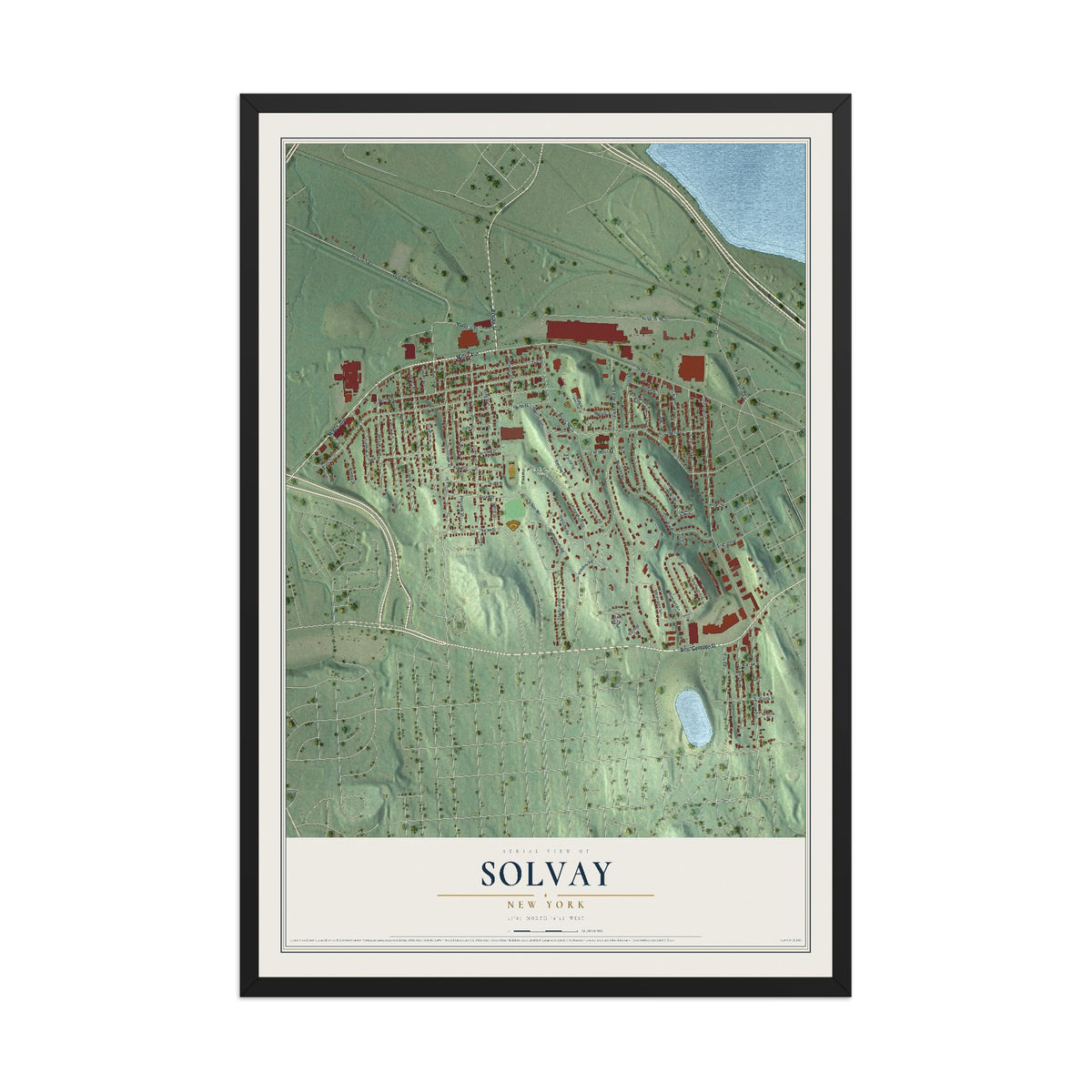 Solvay, New York map print, 12" x 18" W/ Black Ayous Wood Frame mockup