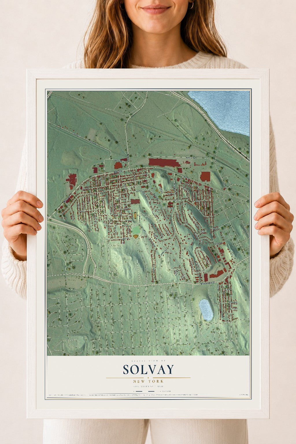 Solvay, New York map print, 18" x 24" W/ White Ayous Wood Frame mockup