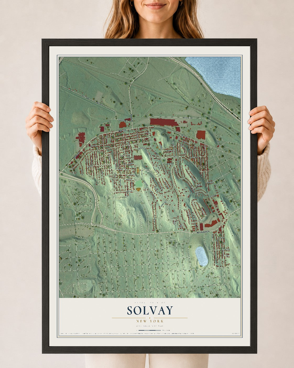 Solvay, New York map print, 24" x 36" W/ Black Ayous Wood Frame mockup