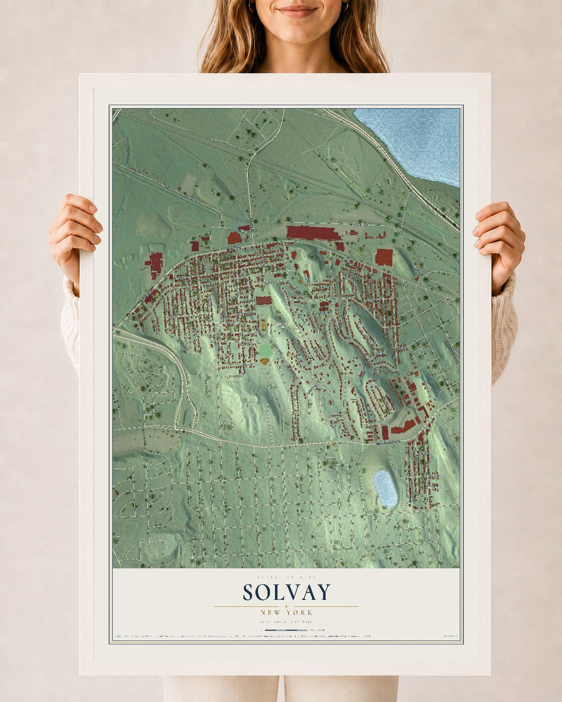 Solvay, New York map print, 24" x 36" W/ White Ayous Wood Frame mockup