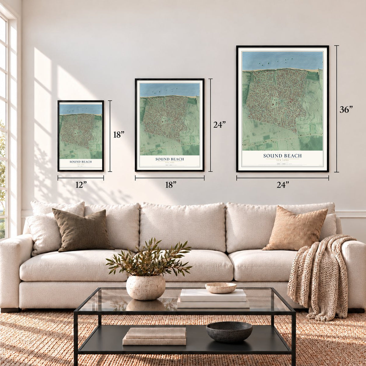 Sound Beach, New York map in 12 x 18, 18 x 24 and 24 x 36 inch sizes above a sofa