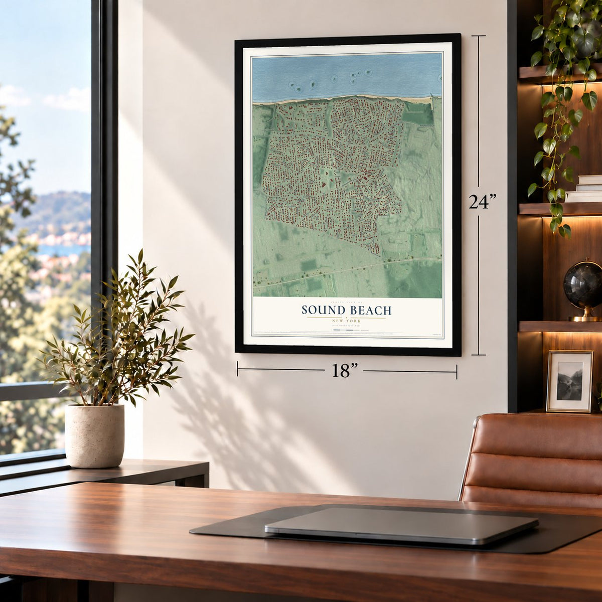 Sound Beach, New York map, 18 x 24 inch print in a black frame in a home office