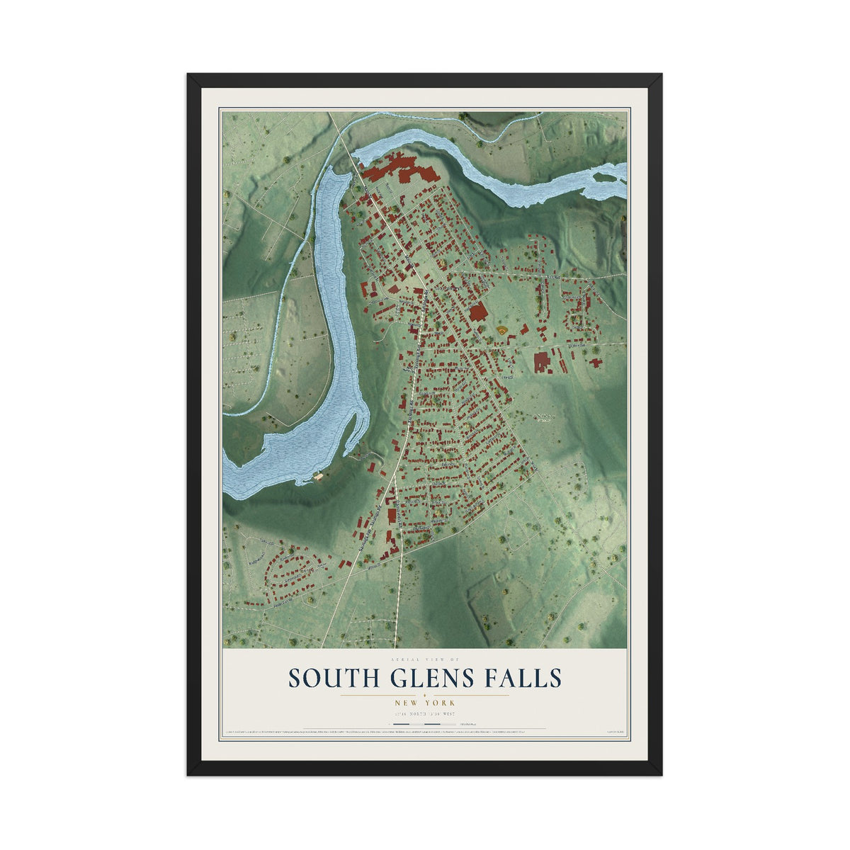 South Glens Falls, New York map print, 12" x 18" W/ Black Ayous Wood Frame mockup
