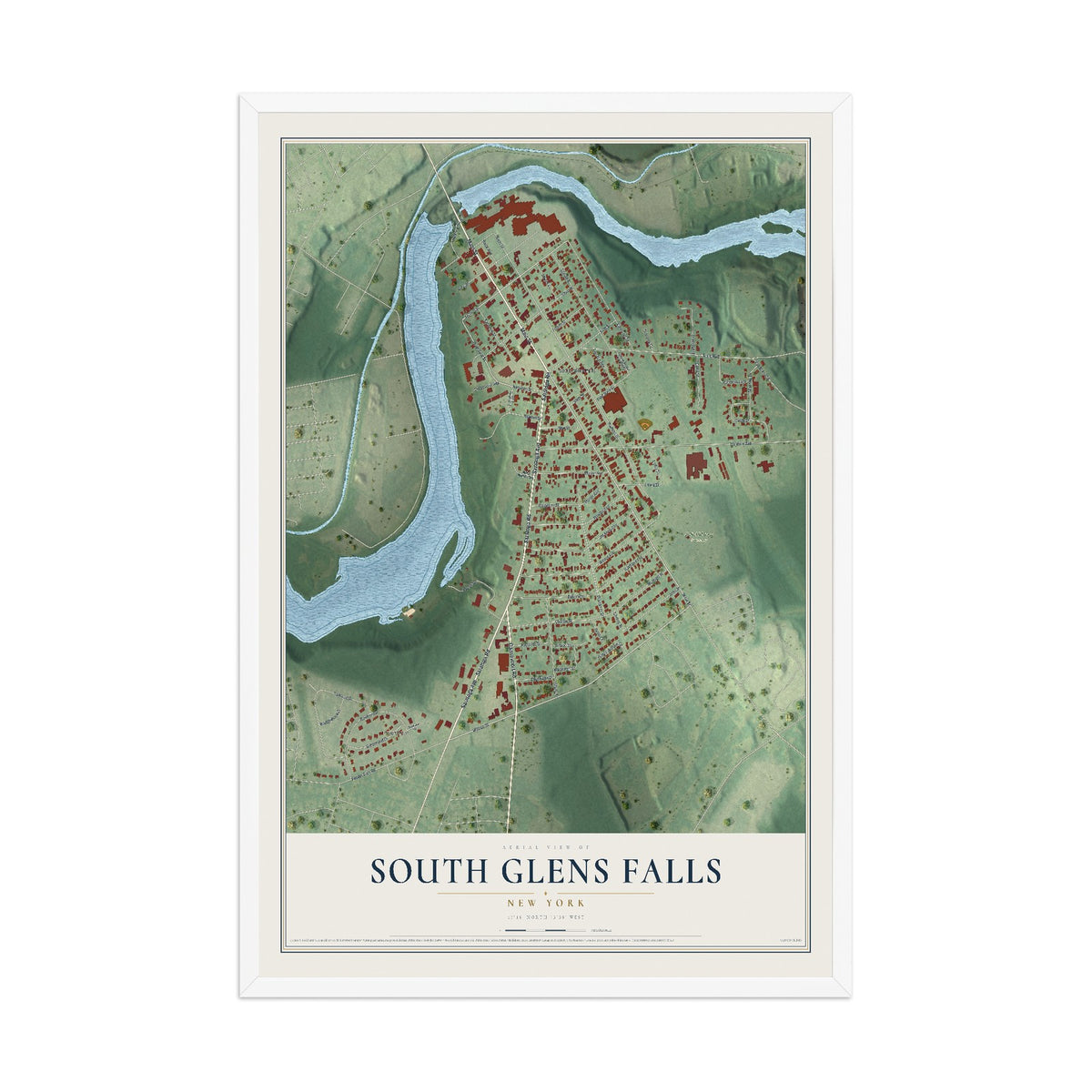 South Glens Falls, New York map print, 12" x 18" W/ White Ayous Wood Frame mockup