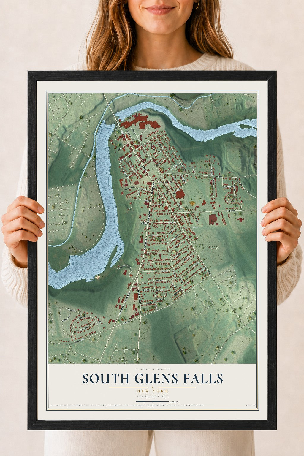 South Glens Falls, New York map print, 18" x 24" W/ Black Ayous Wood Frame mockup