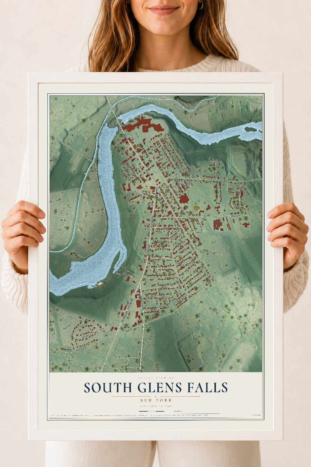 South Glens Falls, New York map print, 18" x 24" W/ White Ayous Wood Frame mockup