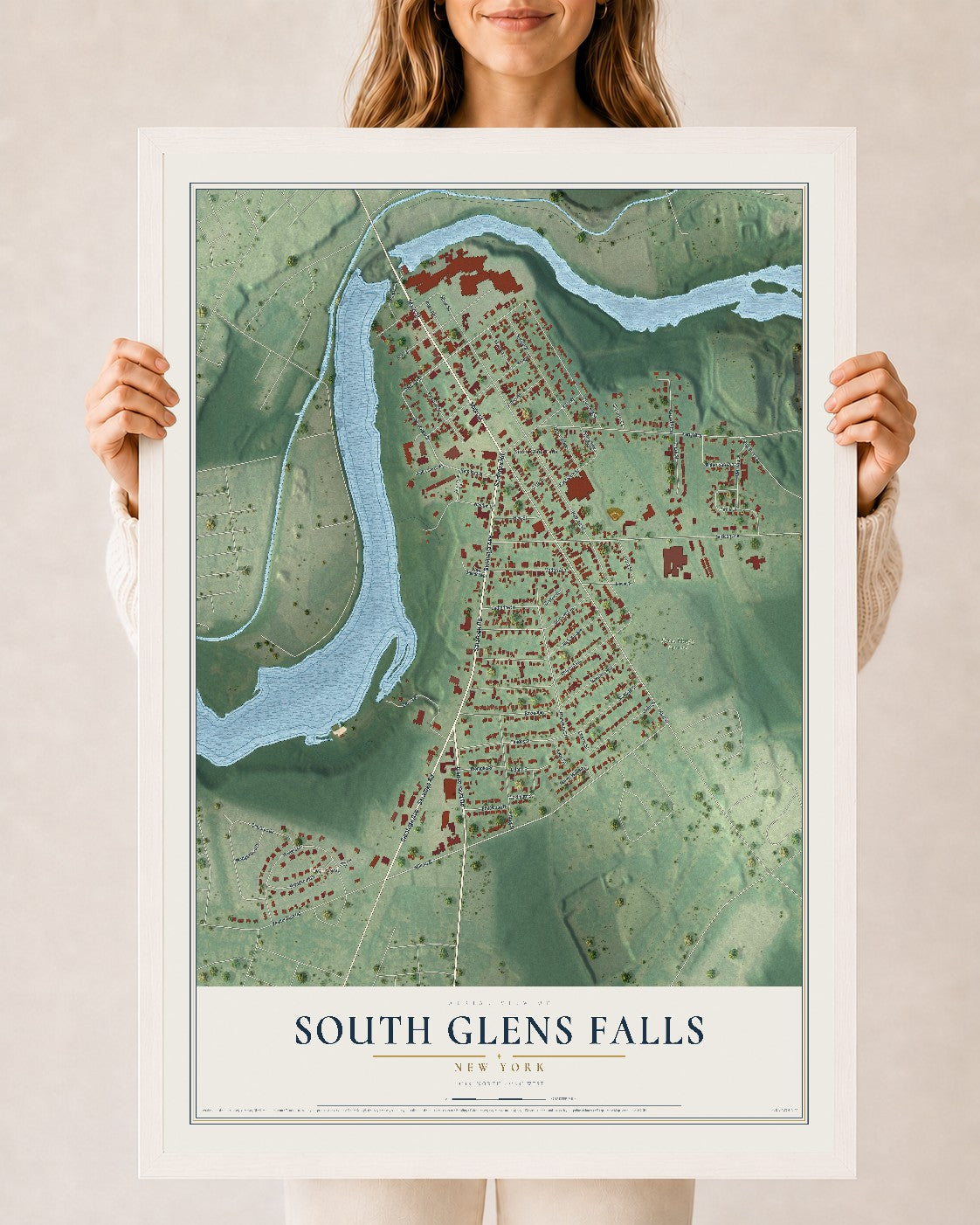 South Glens Falls, New York map print, 24" x 36" W/ White Ayous Wood Frame mockup