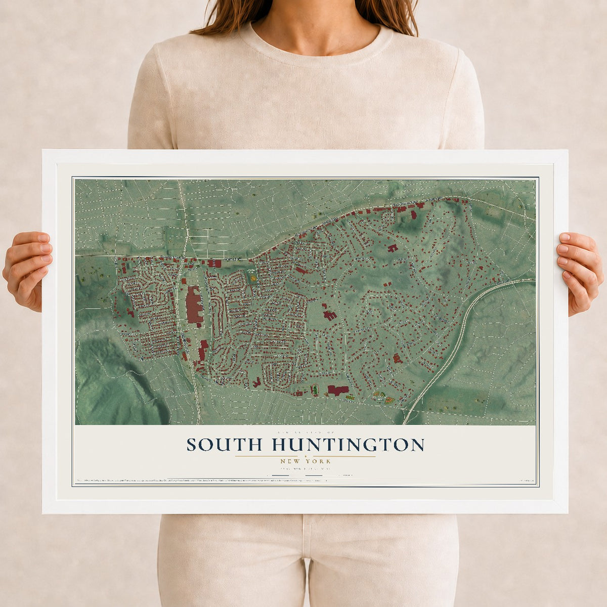 South Huntington, New York map print, 12" x 18" W/ White Ayous Wood Frame mockup