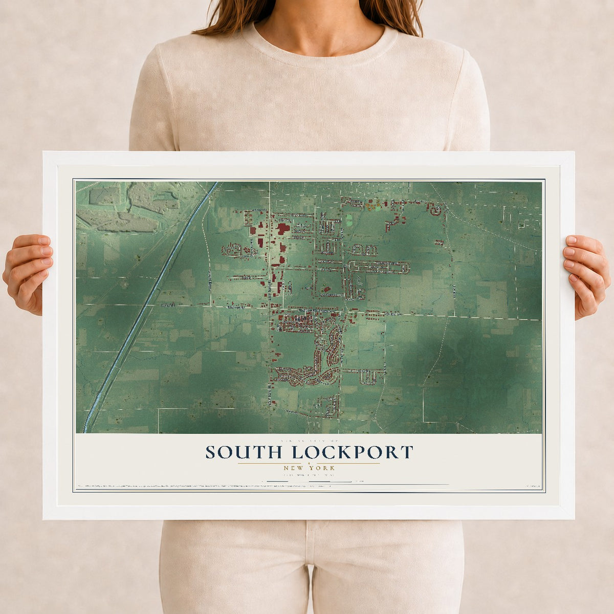 South Lockport, New York map print, 12" x 18" W/ White Ayous Wood Frame mockup