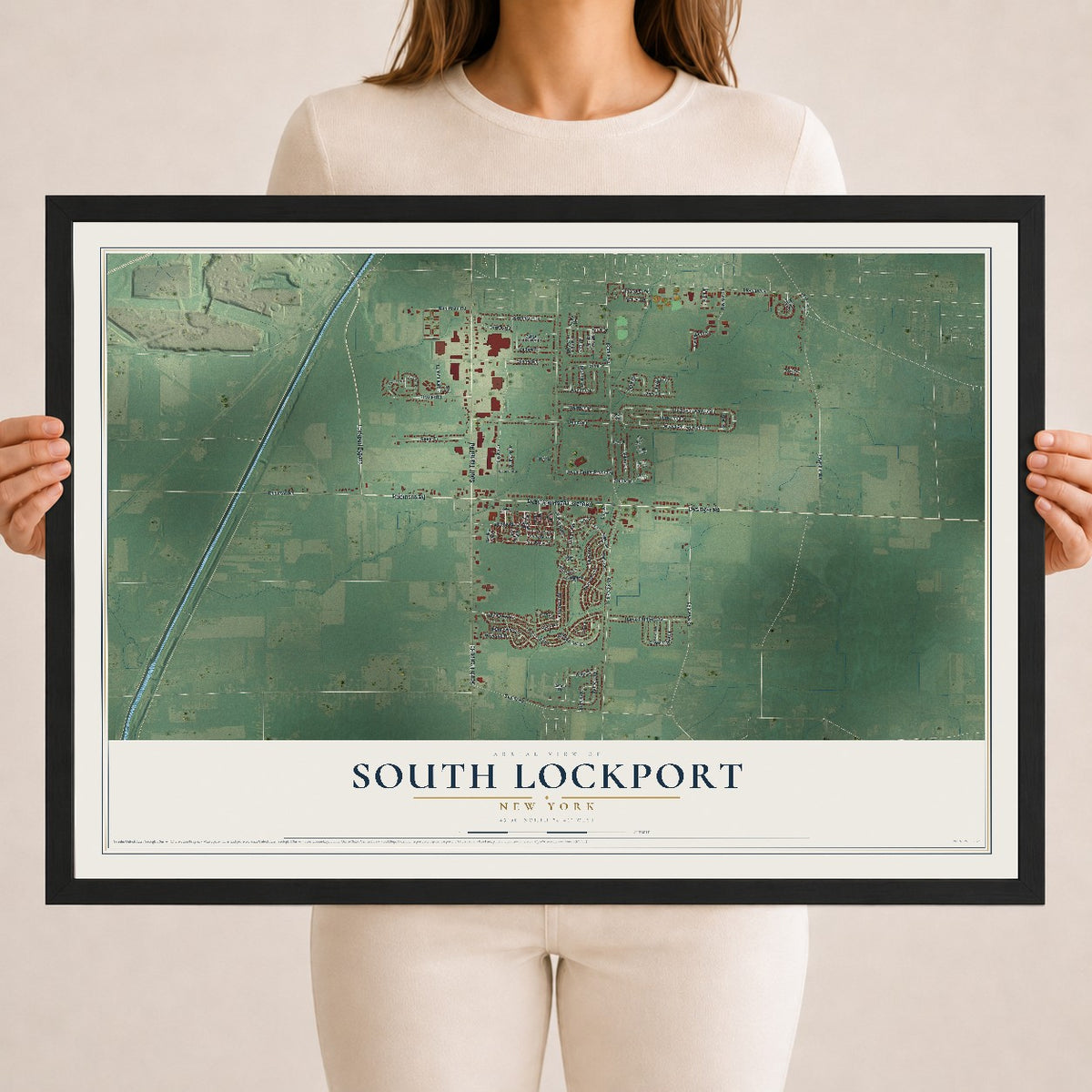 South Lockport, New York map print, 18" x 24" W/ Black Ayous Wood Frame mockup