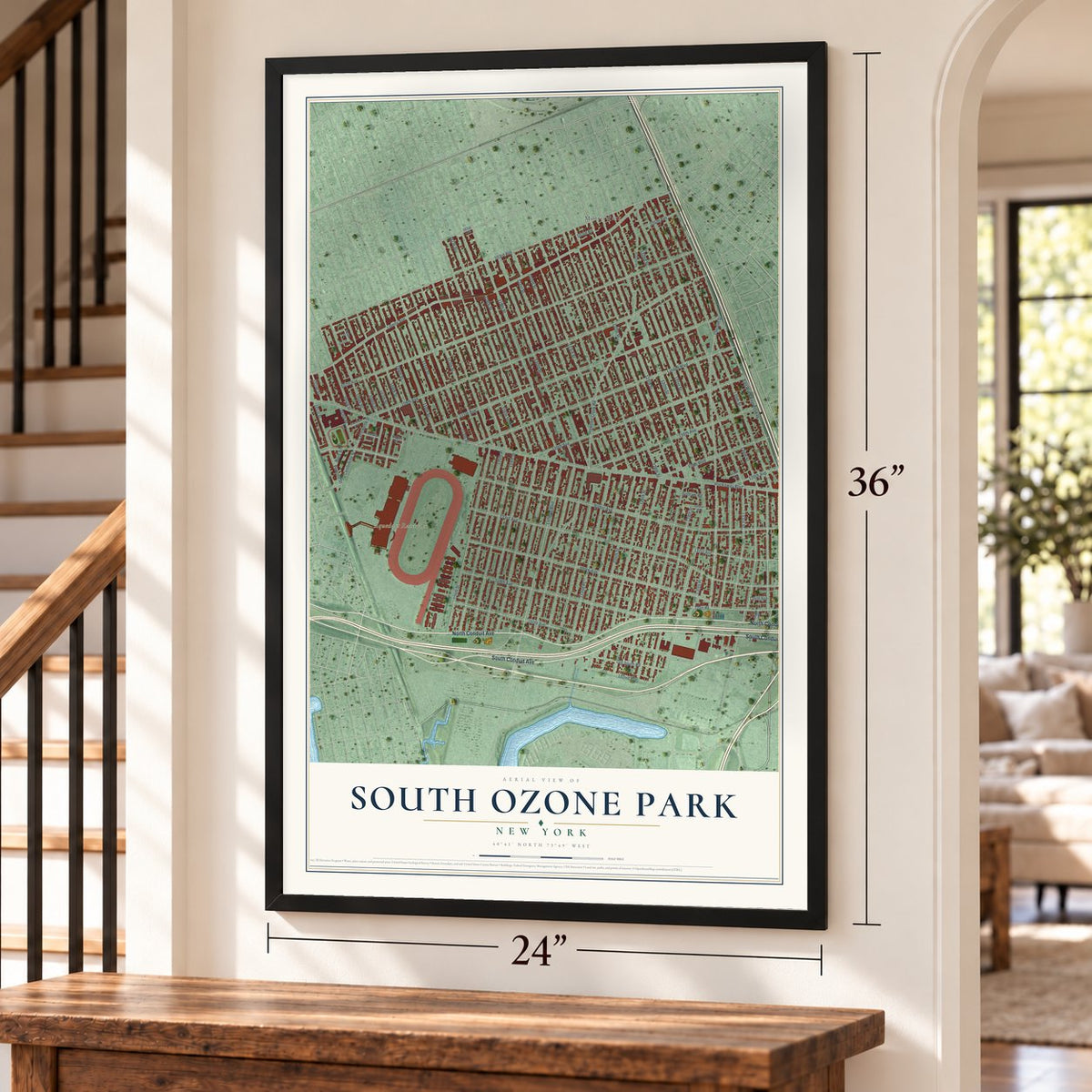 South Ozone Park, New York map, 24 x 36 inch print in a black frame by a staircase