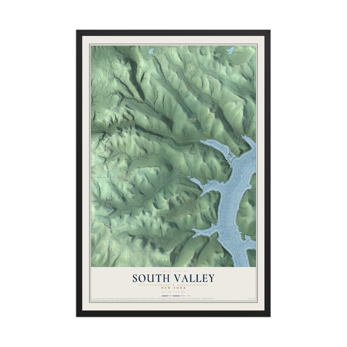 Map of South Valley, New York, 12 x 18 inch print in a black wood frame