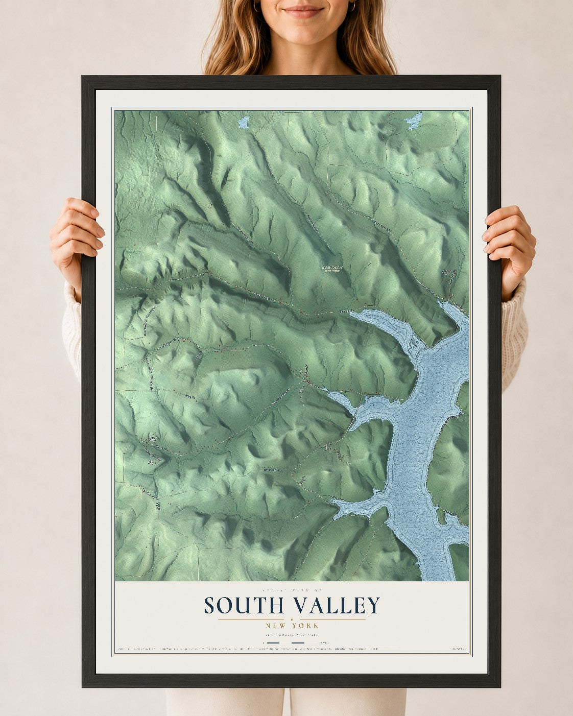 Map of South Valley, New York, 24 x 36 inch print in a black wood frame