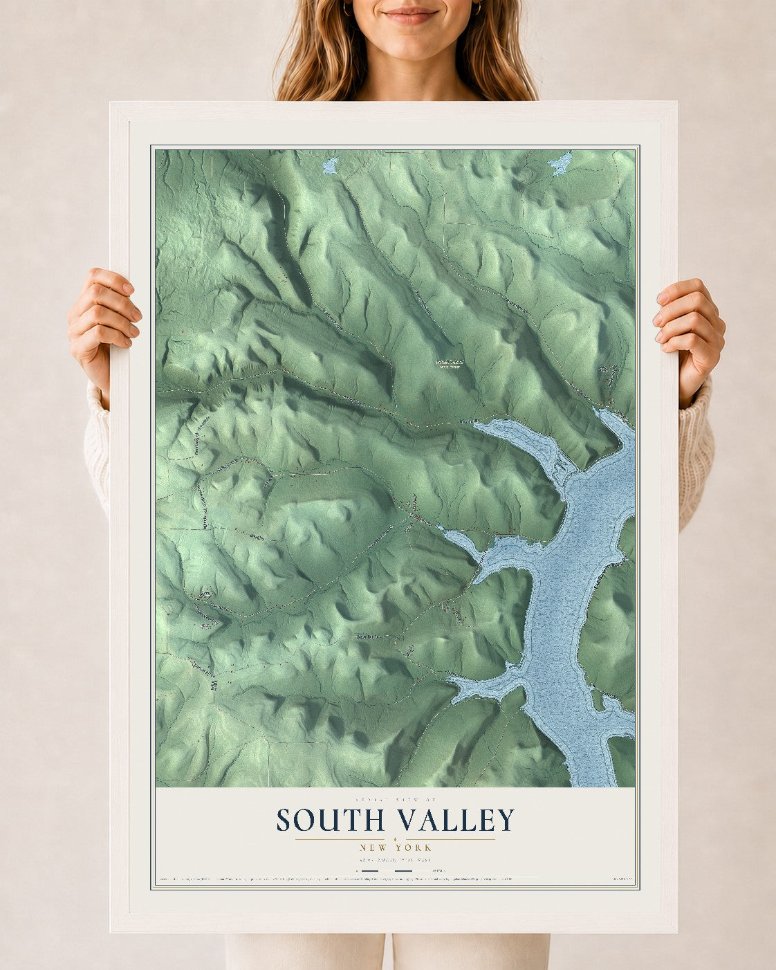 Map of South Valley, New York, 24 x 36 inch print in a white wood frame