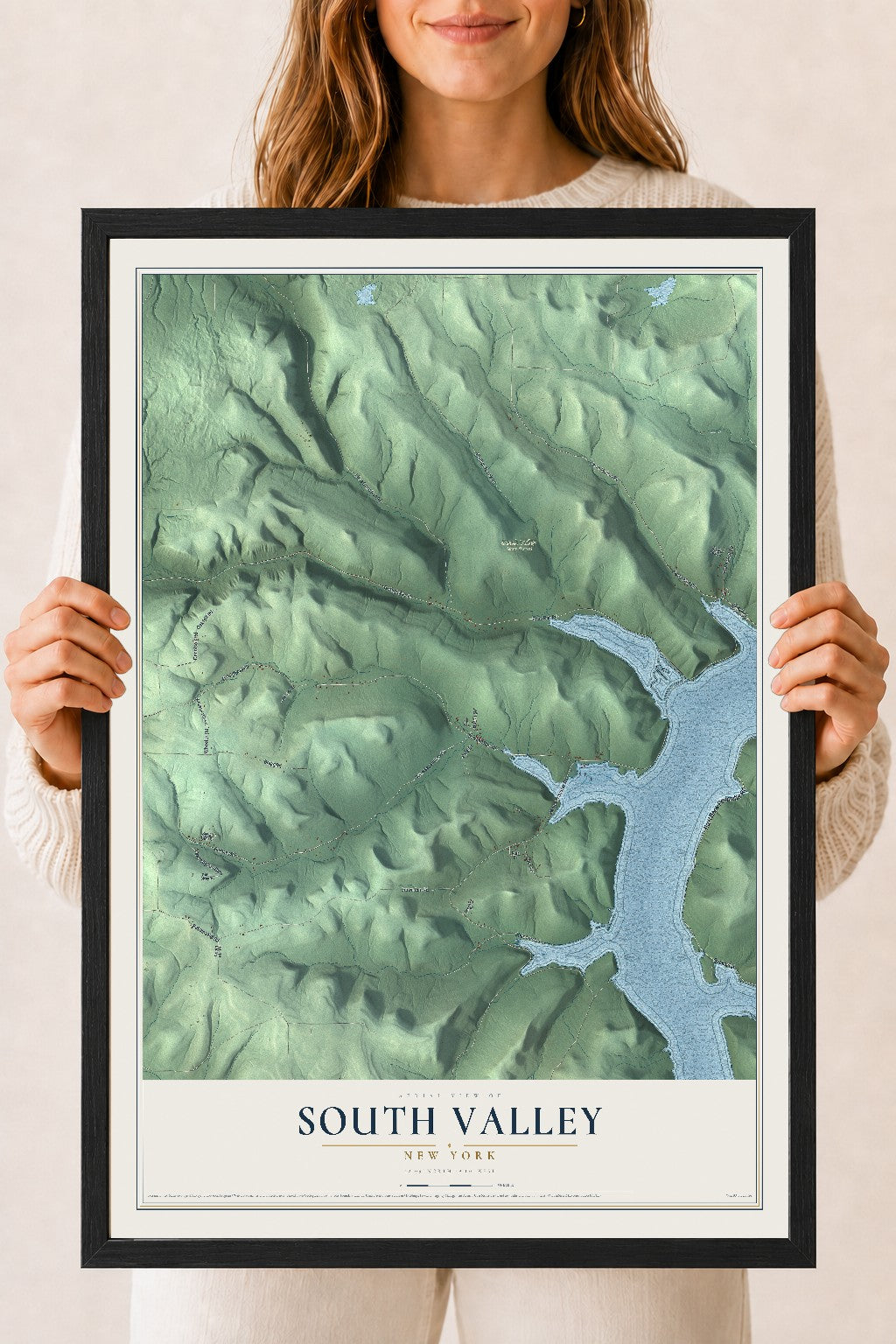 South Valley, New York map print, 18" x 24" W/ Black Ayous Wood Frame mockup