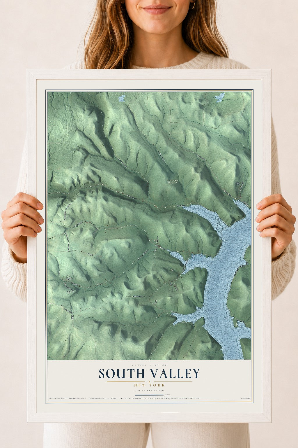 South Valley, New York map print, 18" x 24" W/ White Ayous Wood Frame mockup