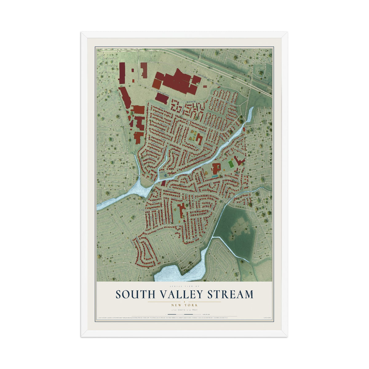 South Valley Stream, New York map print, 12" x 18" W/ White Ayous Wood Frame mockup