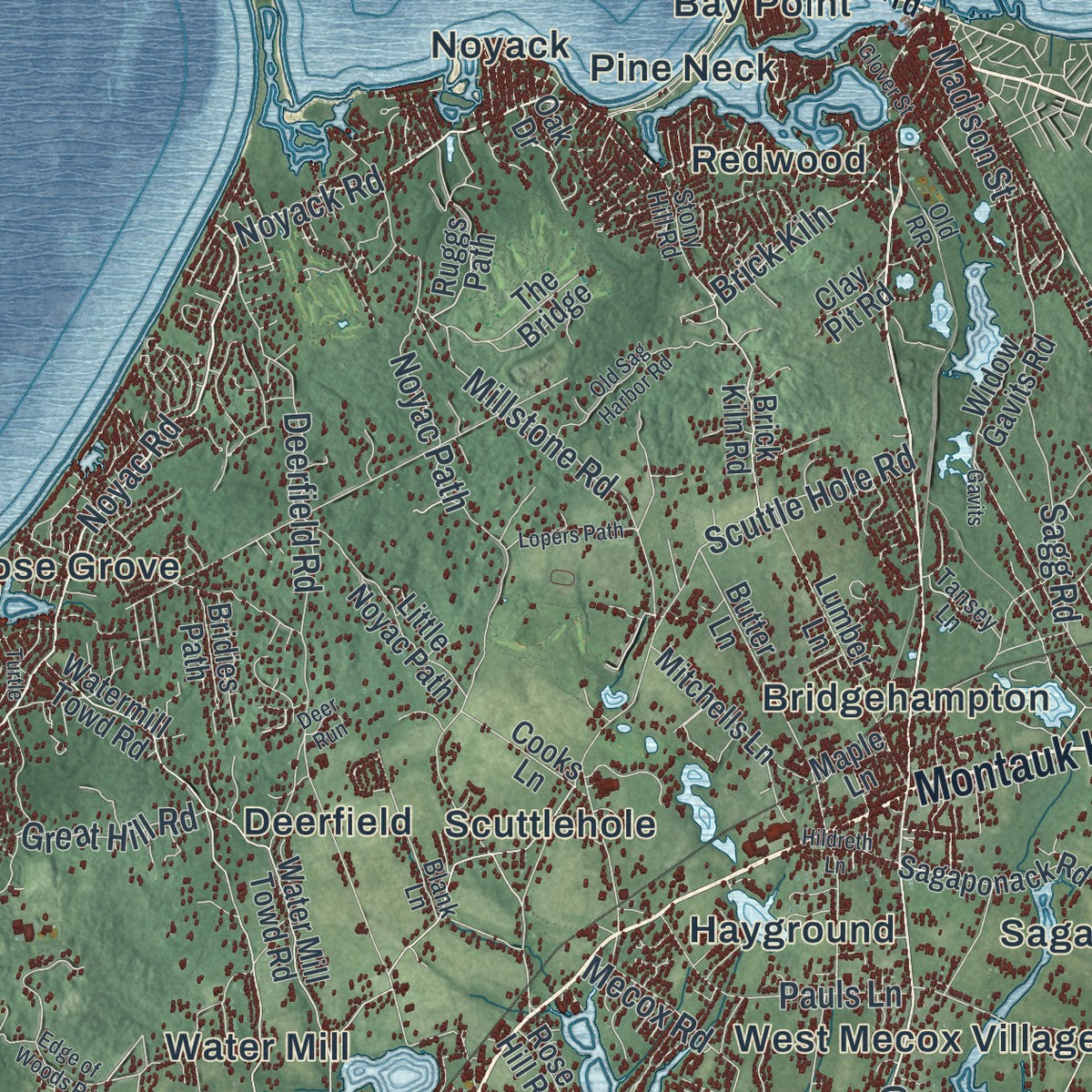 Close-up of the map of the Town of Southampton, New York print showing street and building detail