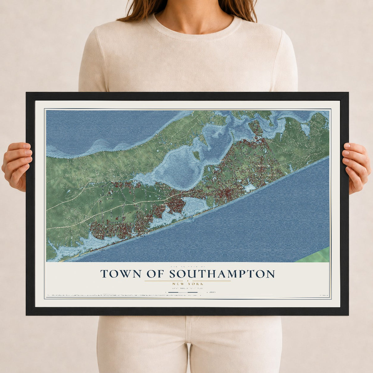 Map of the Town of Southampton, New York, 12 x 18 inch print in a black wood frame