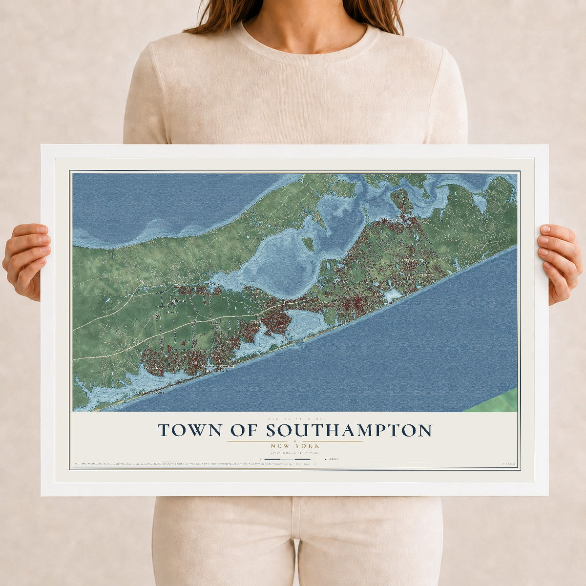 Map of the Town of Southampton, New York, 12 x 18 inch print in a white wood frame