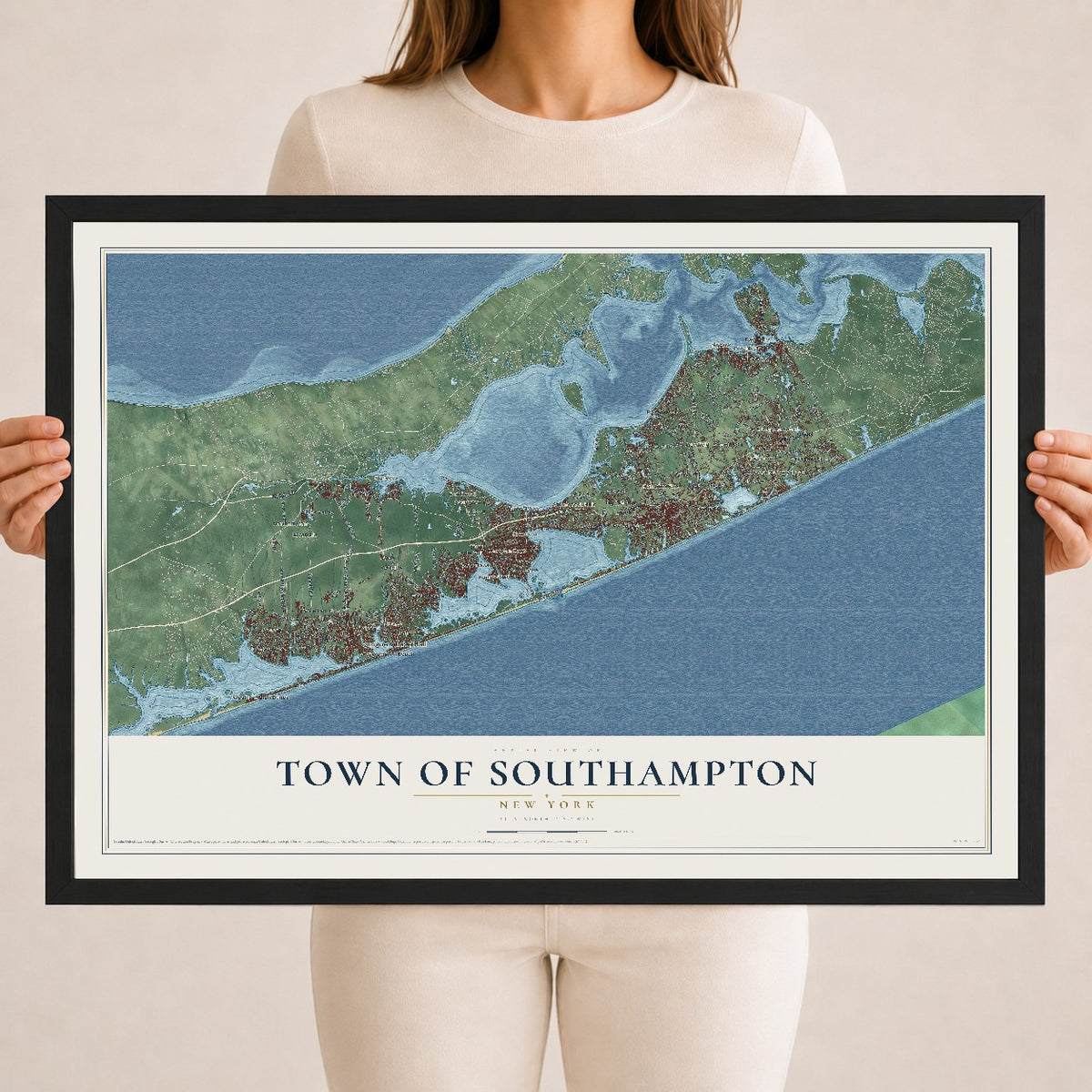 Map of the Town of Southampton, New York, 18 x 24 inch print in a black wood frame