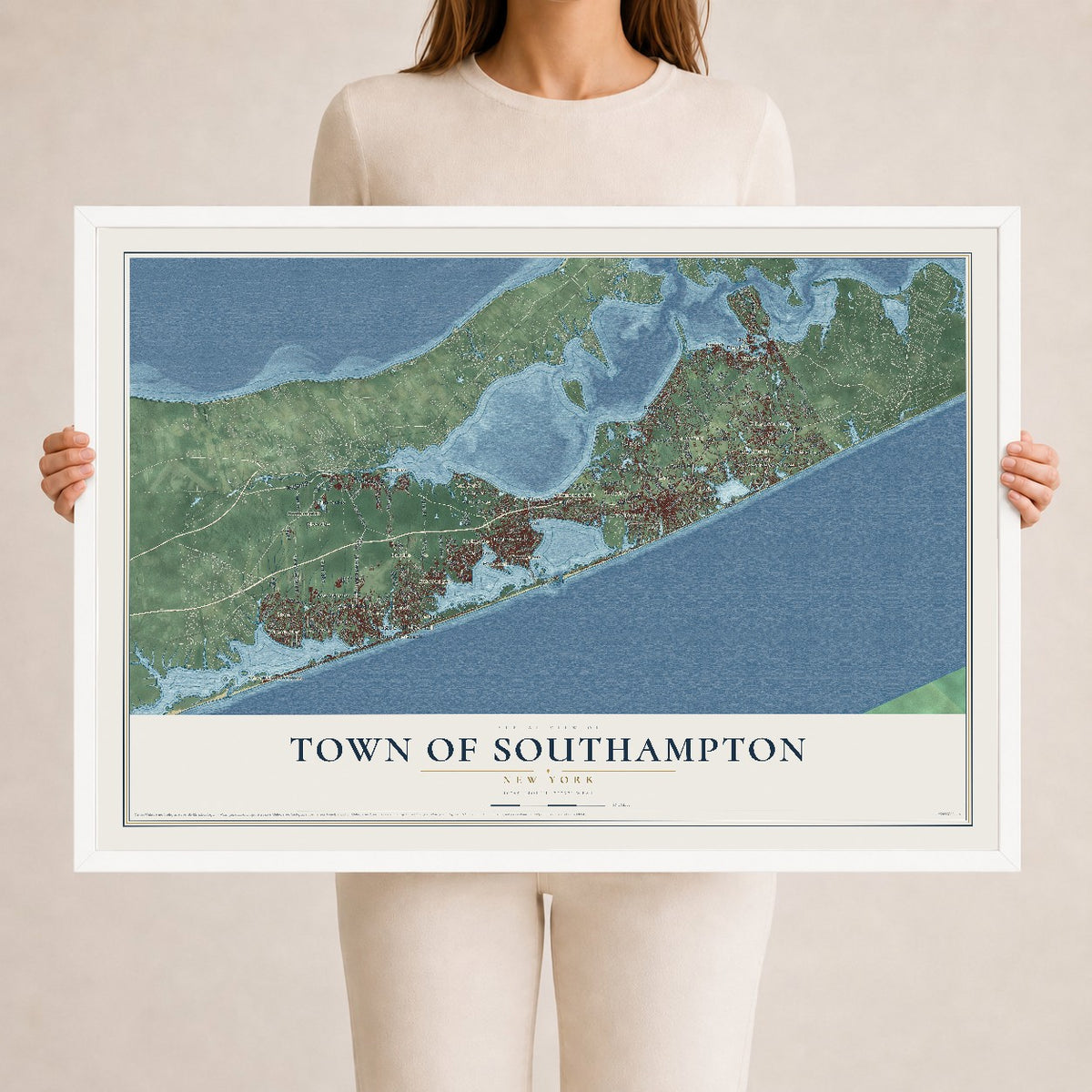 Map of the Town of Southampton, New York, 24 x 36 inch print in a white wood frame