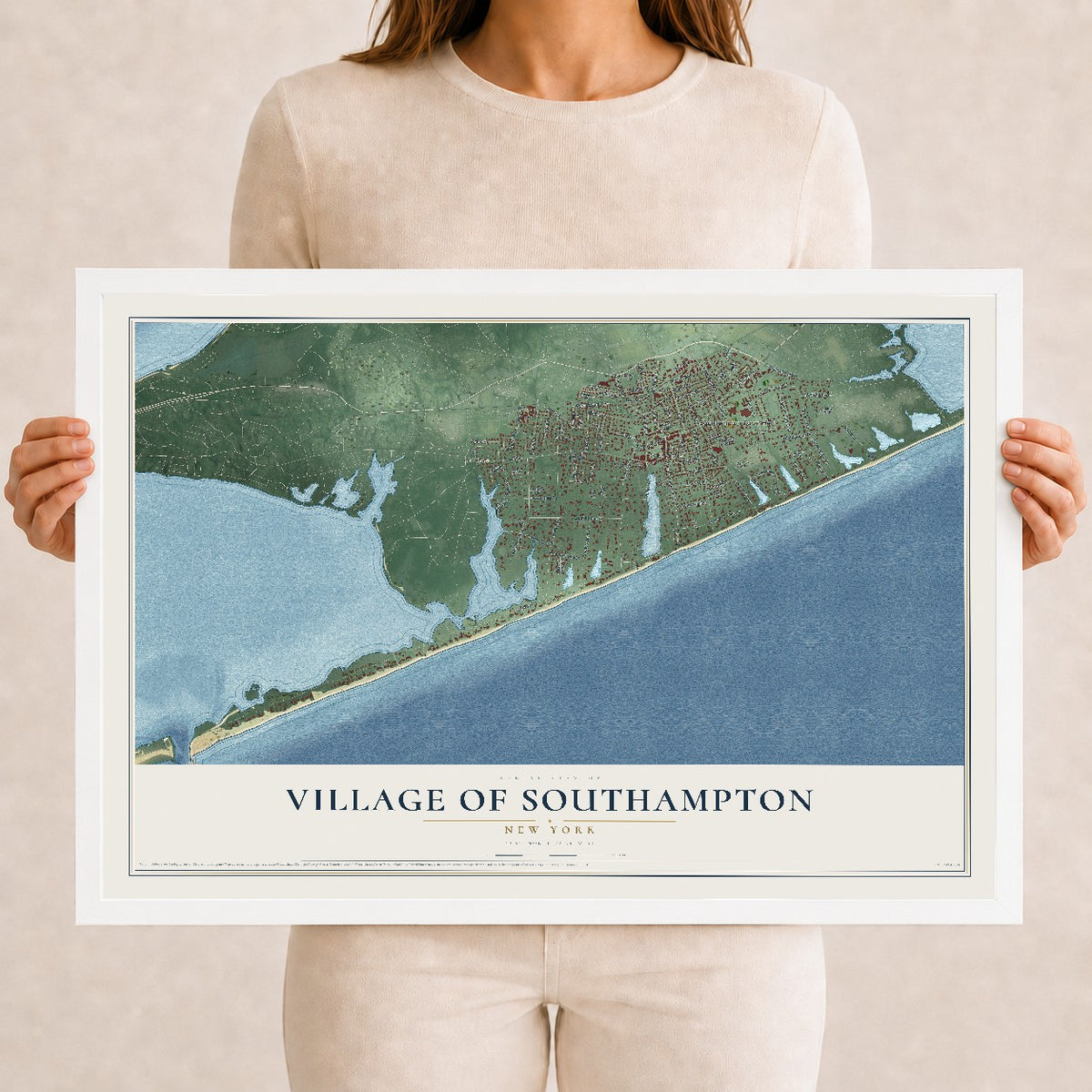 Southampton, New York map print, 12" x 18" W/ White Ayous Wood Frame mockup