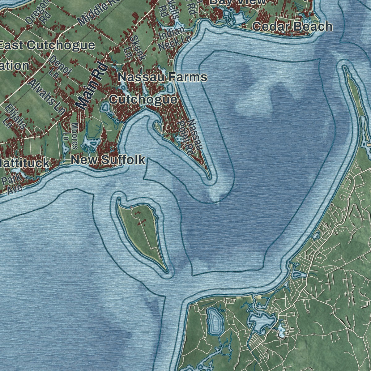 Second close-up of the map of Southold, New York print showing more streets and buildings
