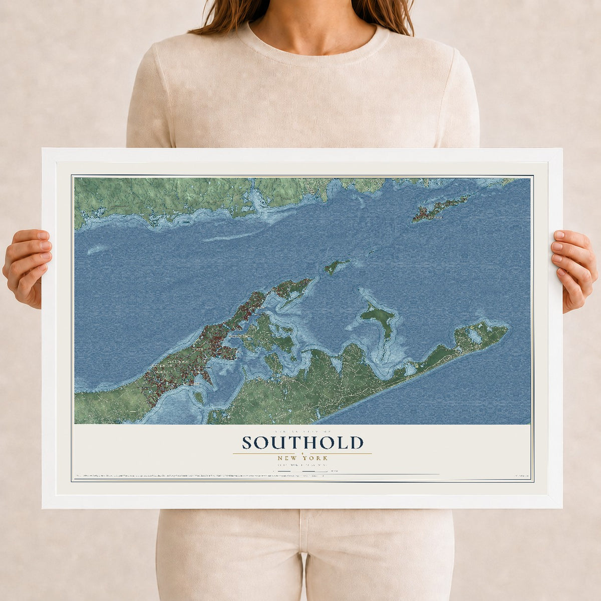 Map of Southold, New York, 12 x 18 inch print in a white wood frame