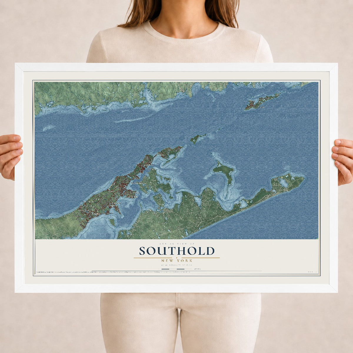 Map of Southold, New York, 18 x 24 inch print in a white wood frame
