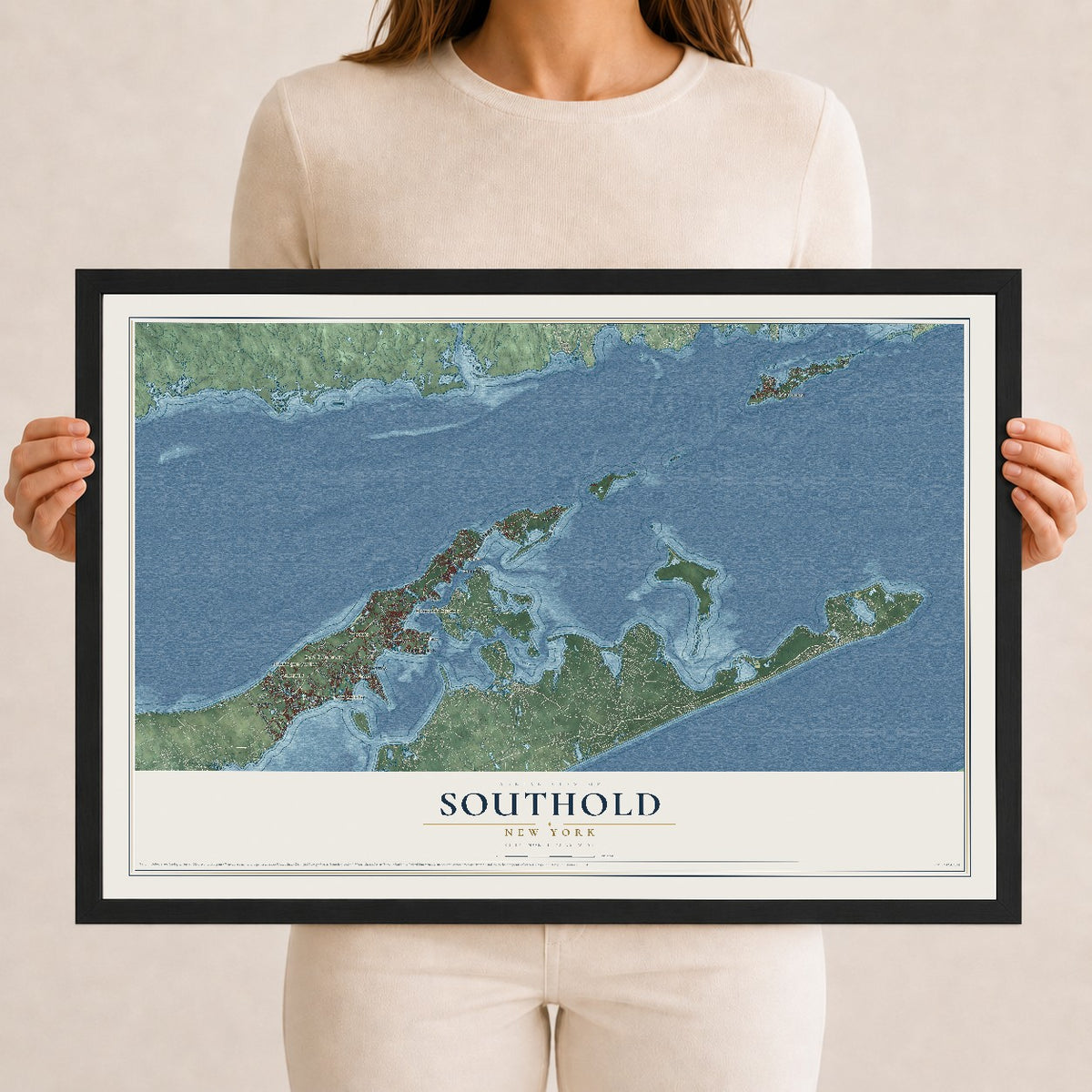 Southold, New York map print, 12" x 18" W/ Black Ayous Wood Frame mockup