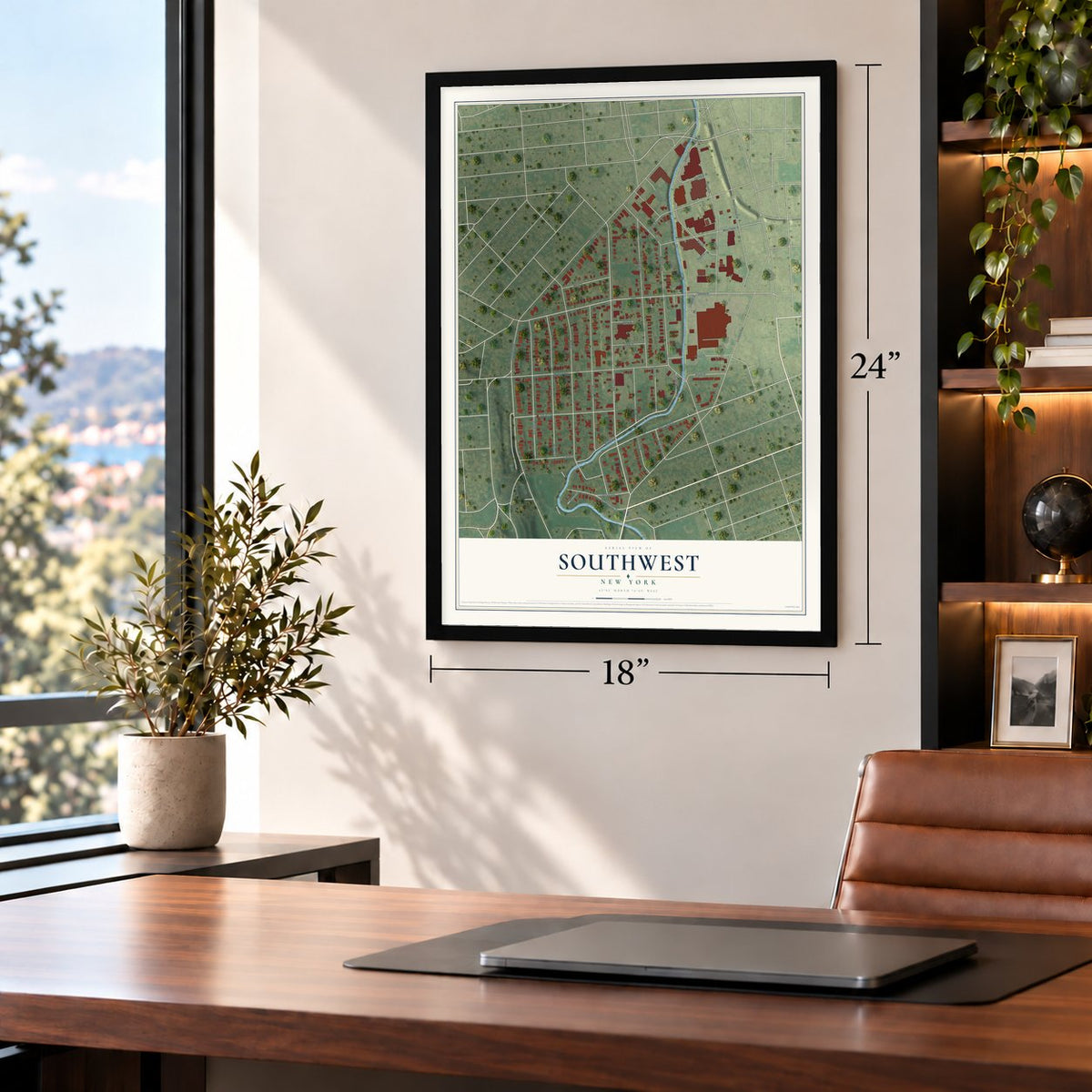 Southwest, New York map, 18 x 24 inch print in a black frame in a home office