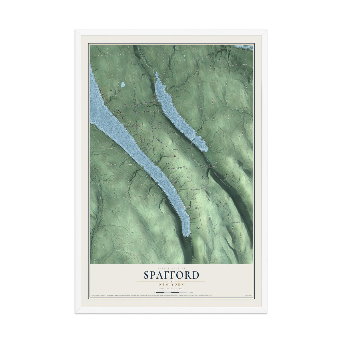 Spafford, New York map print, 12" x 18" W/ White Ayous Wood Frame mockup