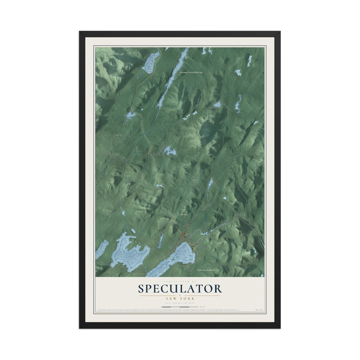 Speculator, New York map print, 12" x 18" W/ Black Ayous Wood Frame mockup