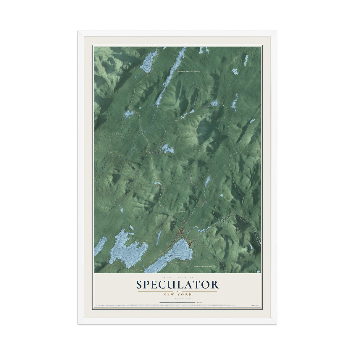 Speculator, New York map print, 12" x 18" W/ White Ayous Wood Frame mockup