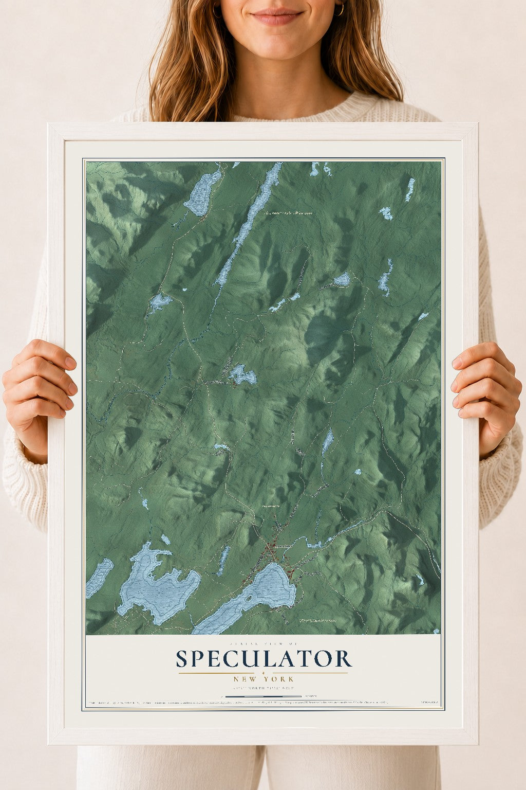 Speculator, New York map print, 18" x 24" W/ White Ayous Wood Frame mockup