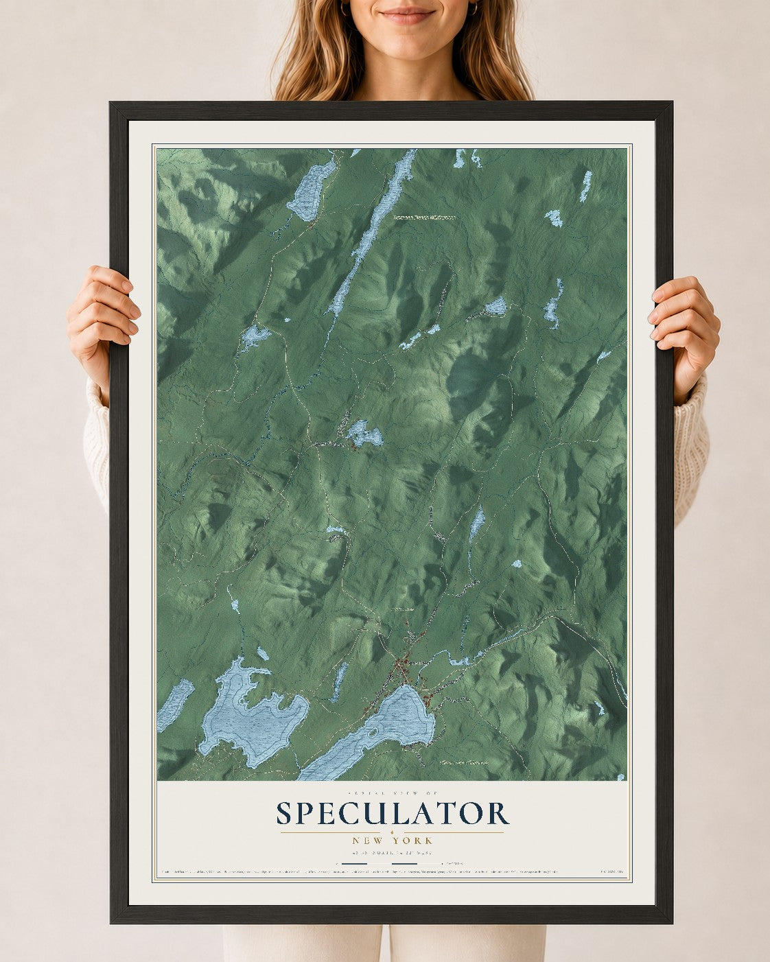 Speculator, New York map print, 24" x 36" W/ Black Ayous Wood Frame mockup