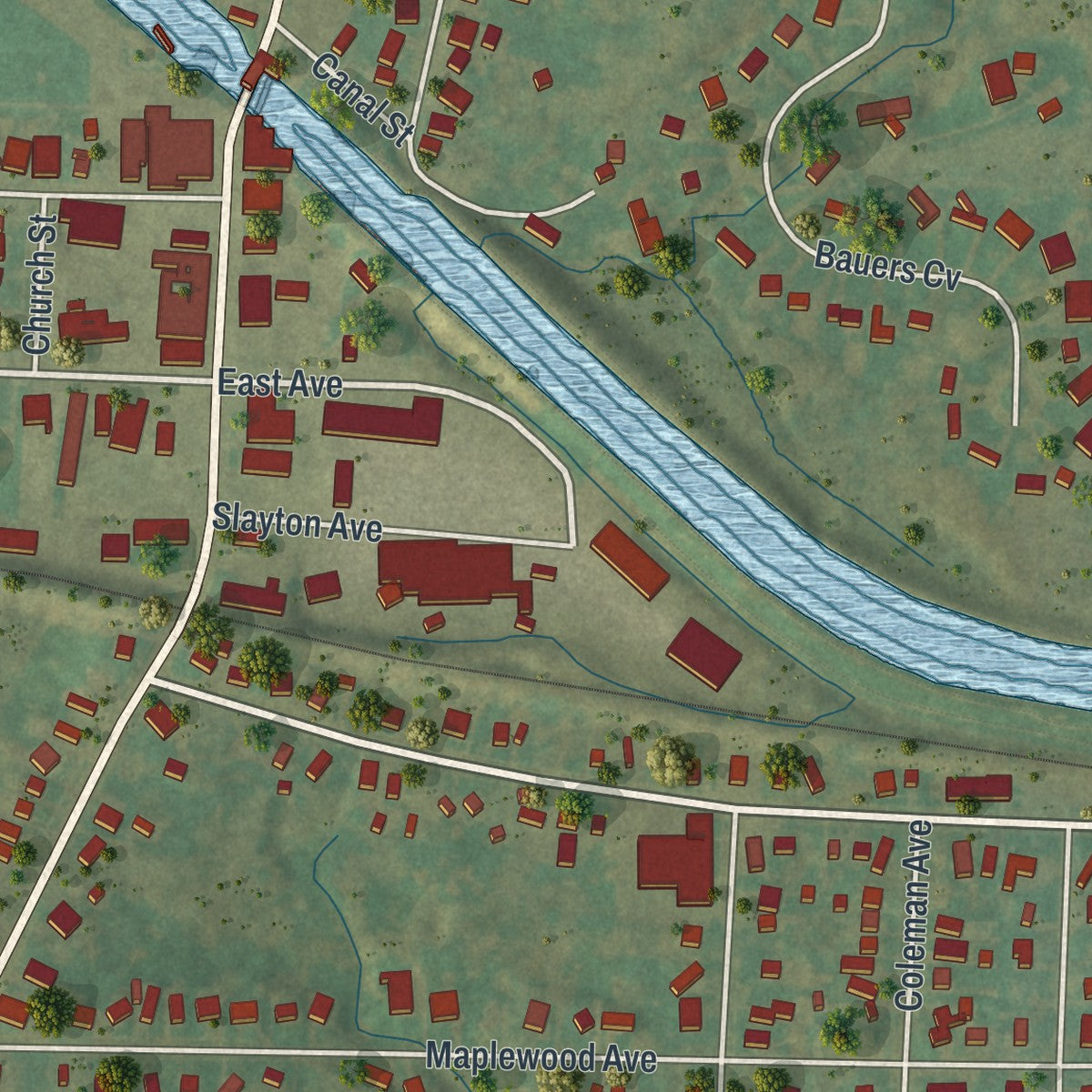 Close-up of the map of Spencerport, New York print showing street and building detail