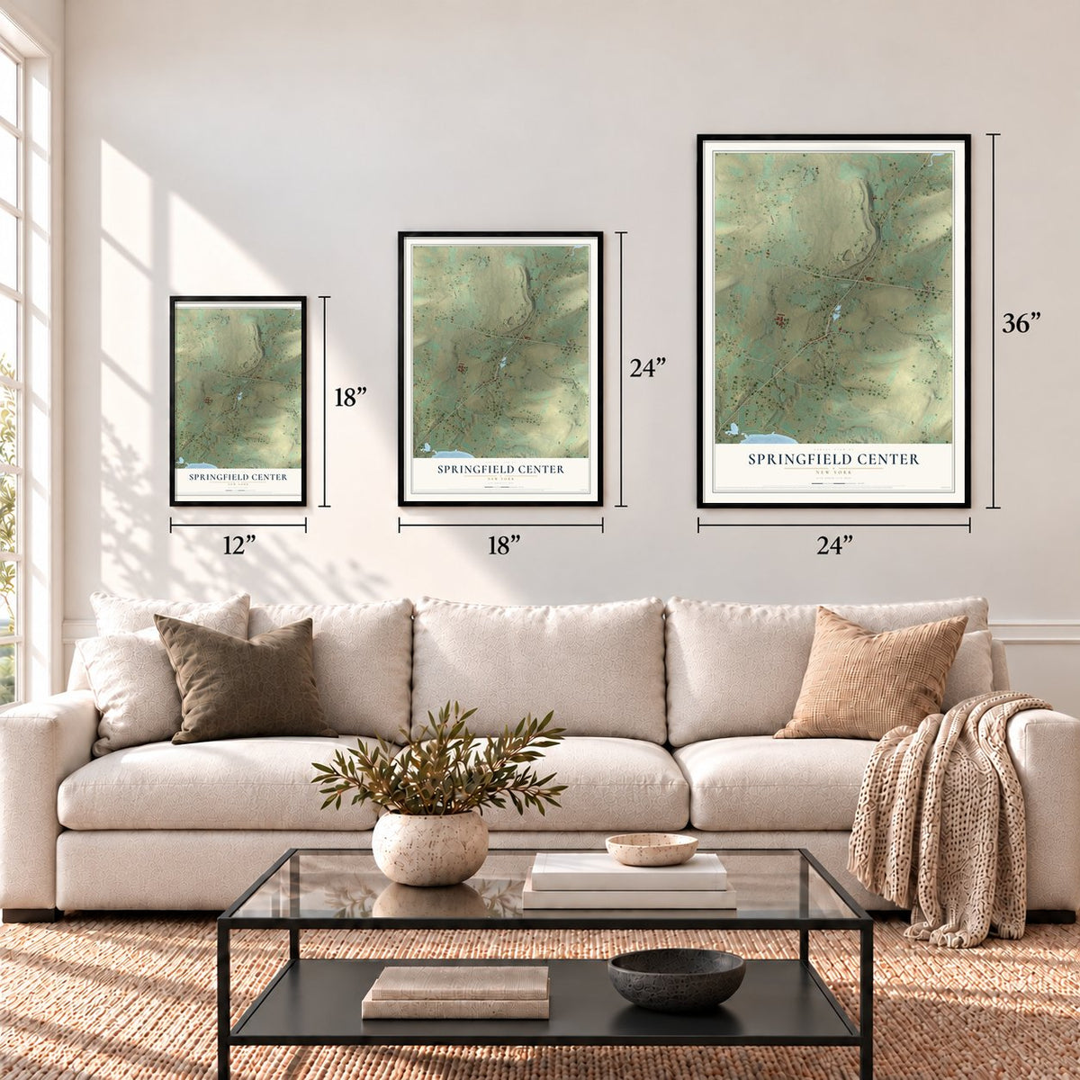 Springfield Center, New York map in 12 x 18, 18 x 24 and 24 x 36 inch sizes above a sofa