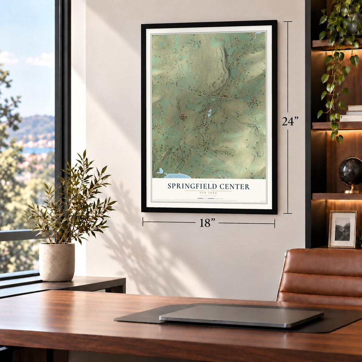 Springfield Center, New York map, 18 x 24 inch print in a black frame in a home office