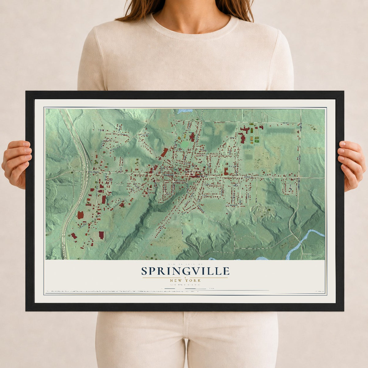 Springville, New York map print, 12" x 18" W/ Black Ayous Wood Frame mockup