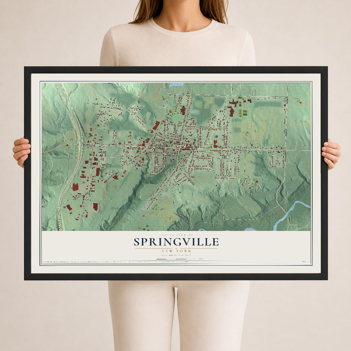 Springville, New York map print, 24" x 36" W/ Black Ayous Wood Frame mockup