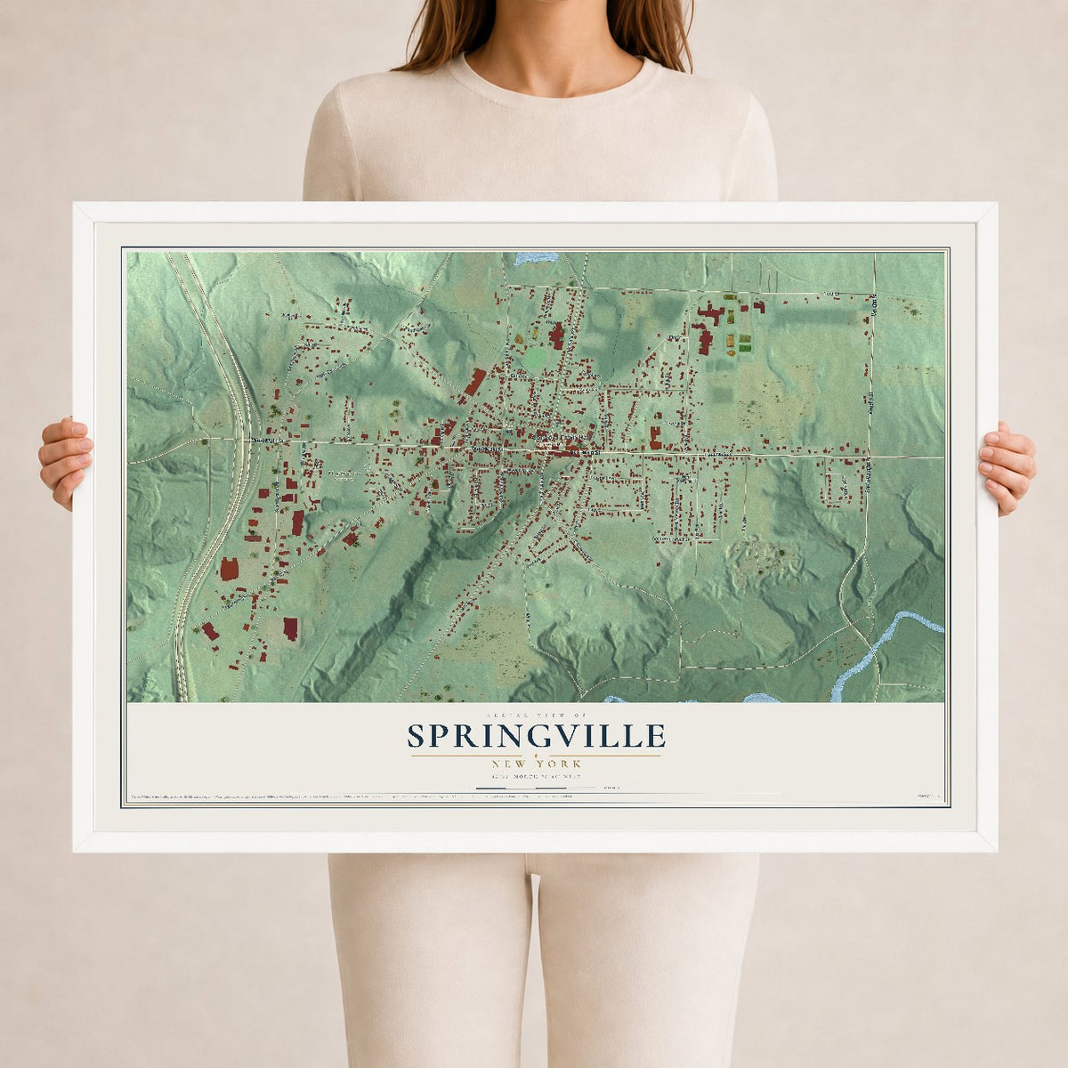 Springville, New York map print, 24" x 36" W/ White Ayous Wood Frame mockup