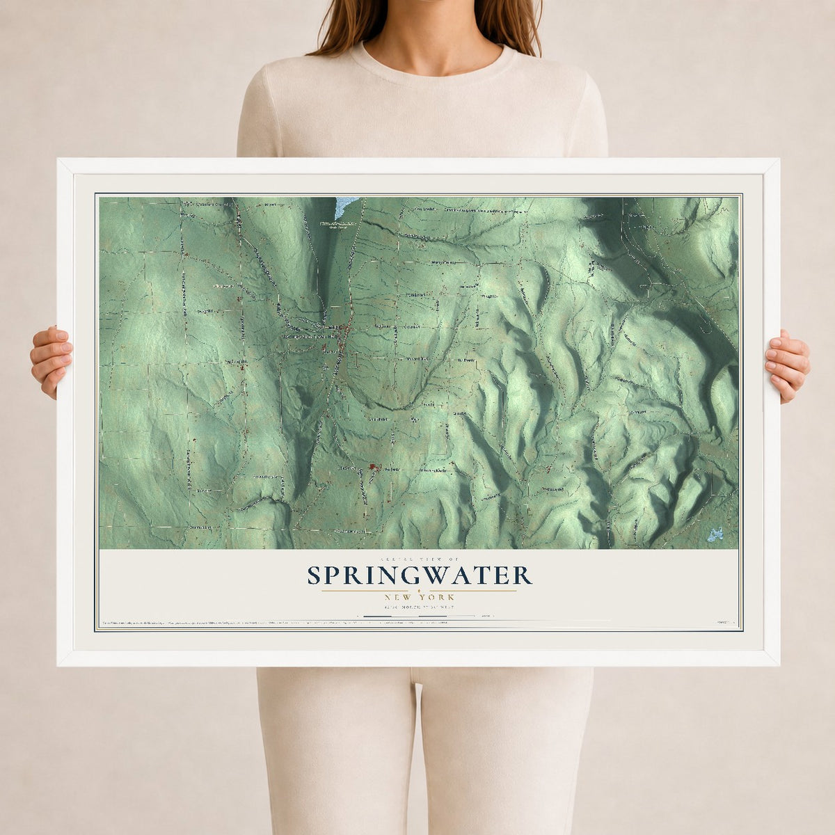 Springwater, New York map print, 24" x 36" W/ White Ayous Wood Frame mockup