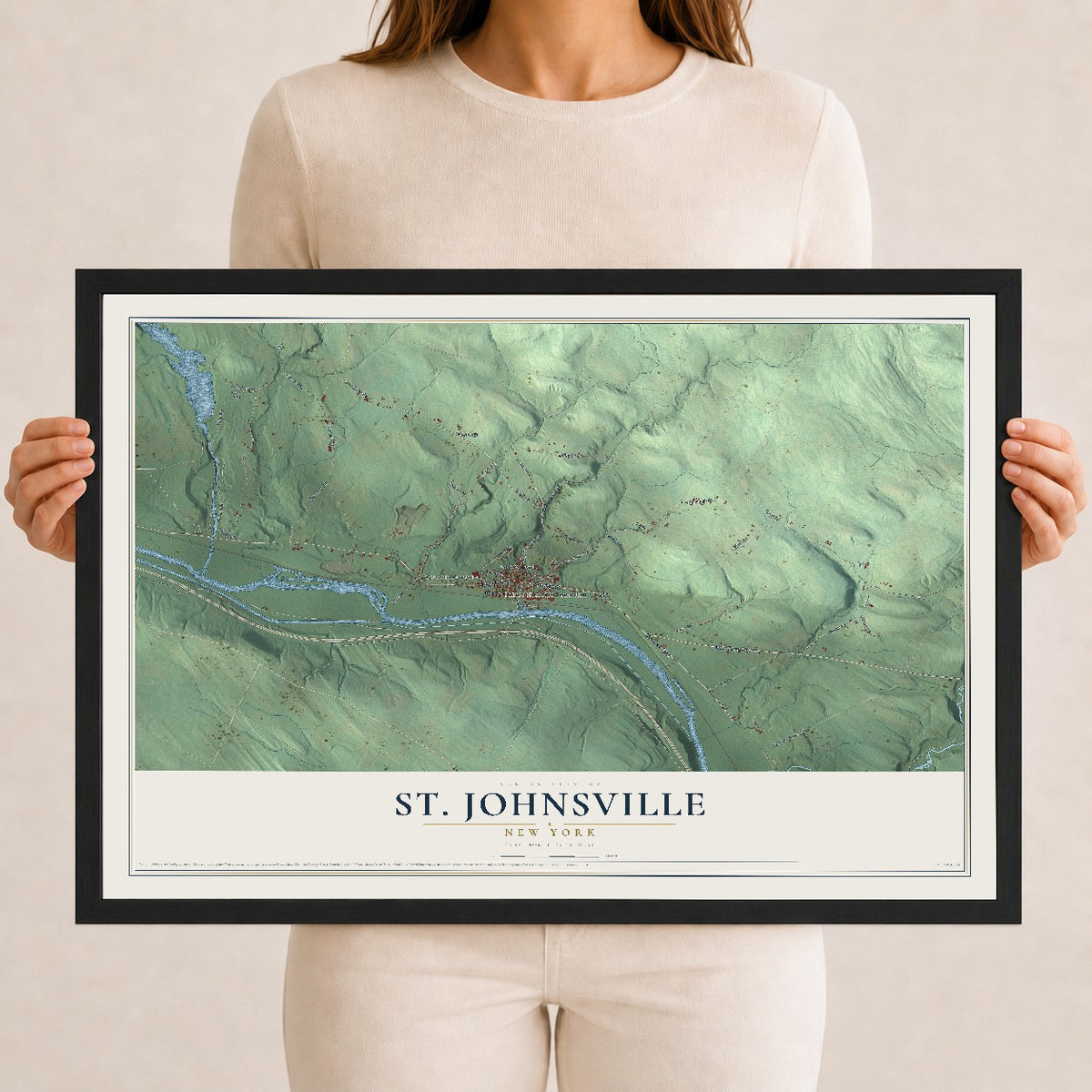 St. Johnsville, New York map print, 12" x 18" W/ Black Ayous Wood Frame mockup