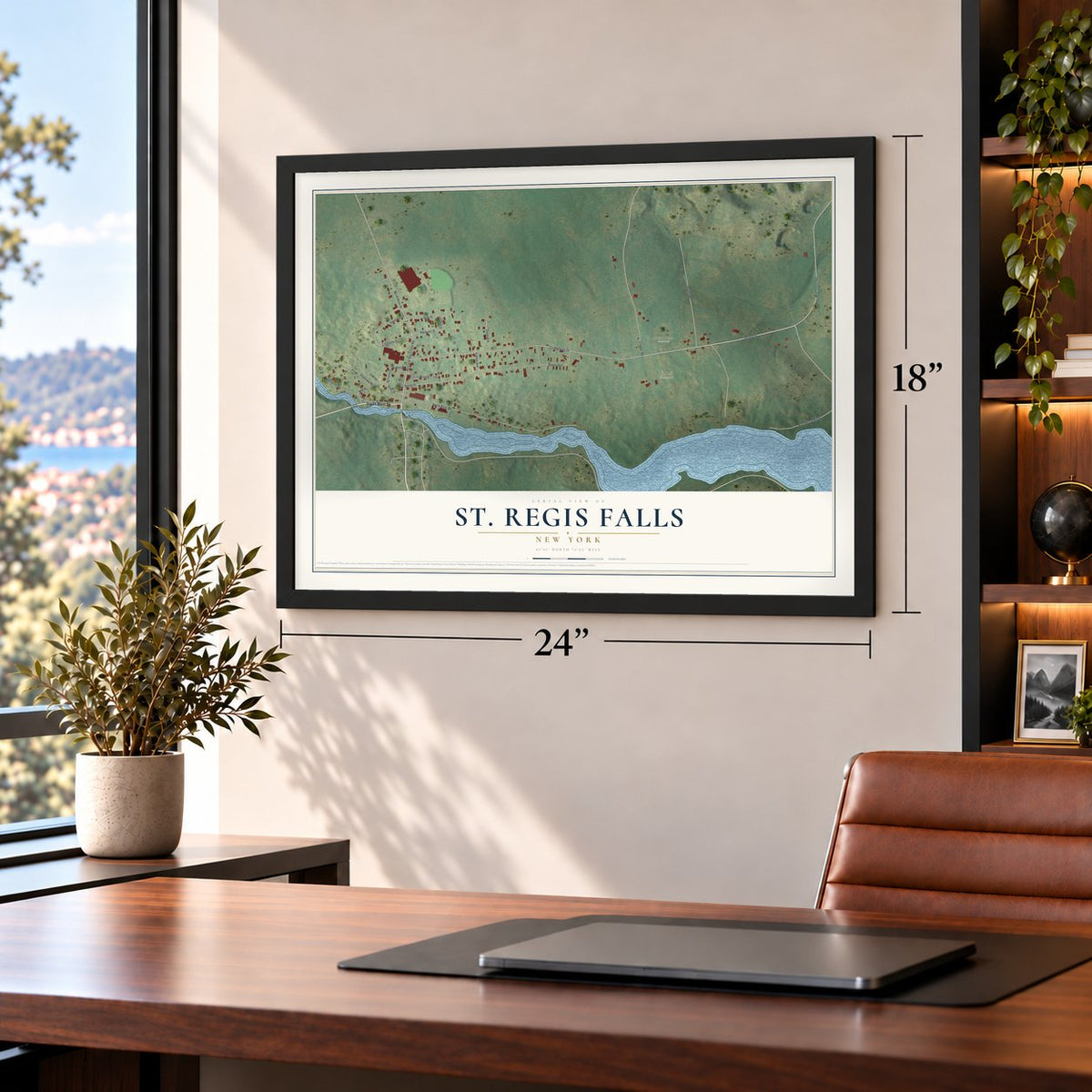 St. Regis Falls, New York map, 18 x 24 inch print in a black frame in a home office