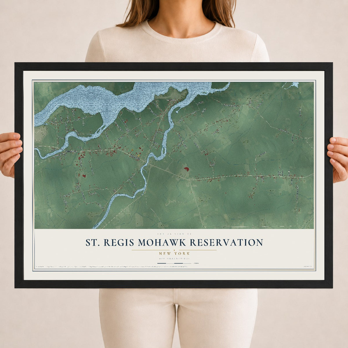 St. Regis Mohawk Reservation, New York map print, 18" x 24" W/ Black Ayous Wood Frame mockup