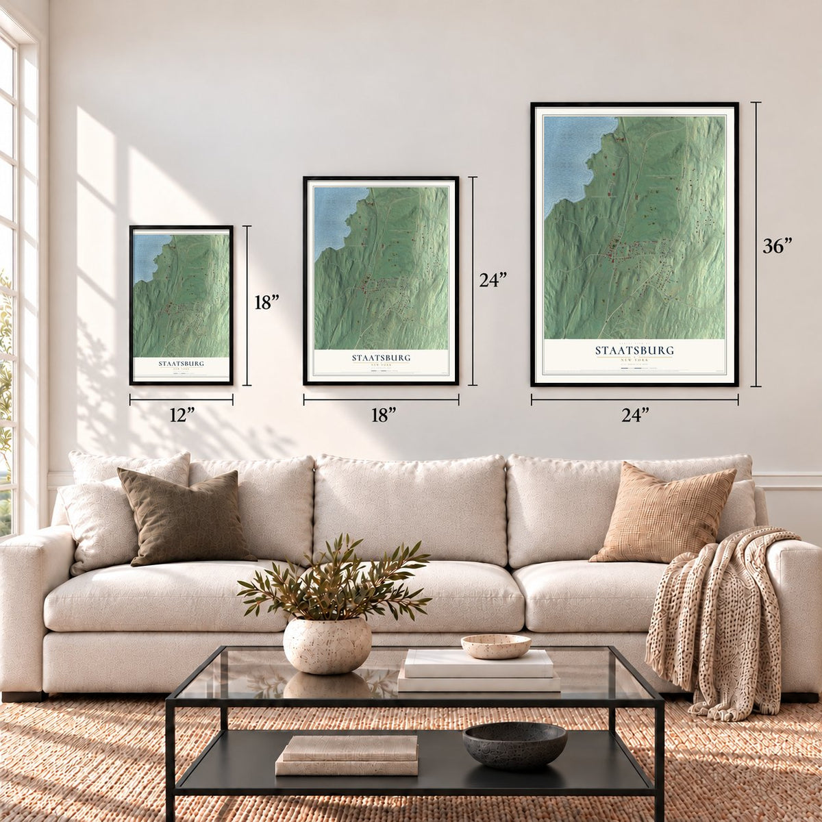 Staatsburg, New York map in 12 x 18, 18 x 24 and 24 x 36 inch sizes above a sofa